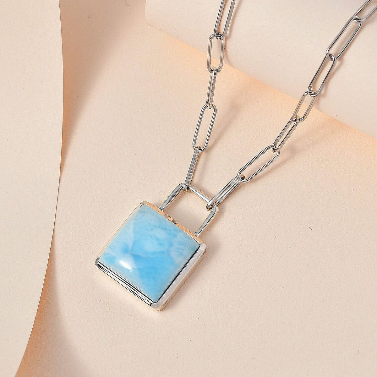 Larimar Solitaire Lock Necklace (Size - 20) in Platinum Overlay Sterling Silver 15.60 Ct, Silver Wt 9.50 Gms 7601182 3