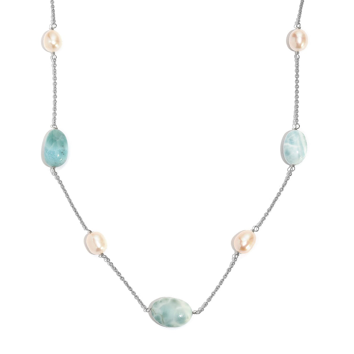 Larimar &amp; Fresh Water Pearl Necklace (Size - 24) with Lobster Clasp in Rhodium Overlay Sterling Silver 90.00 Ct. 8203347 0