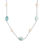 Larimar & Fresh Water Pearl Necklace (Size - 24) with Lobster Clasp in Rhodium Overlay Sterling Silver 90.00 Ct.