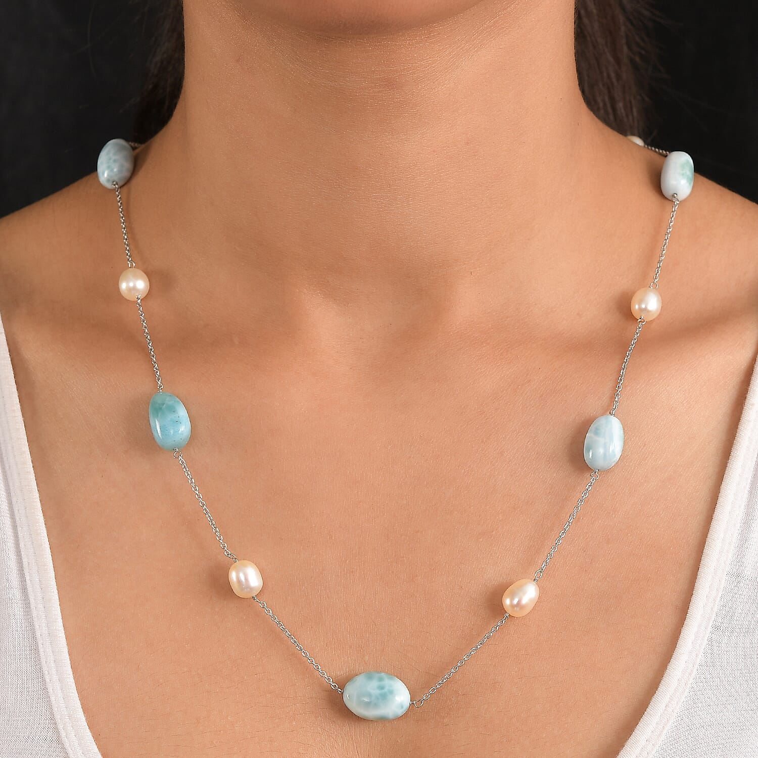 Larimar &amp; Fresh Water Pearl Necklace (Size - 24) with Lobster Clasp in Rhodium Overlay Sterling Silver 90.00 Ct. 8203347 2