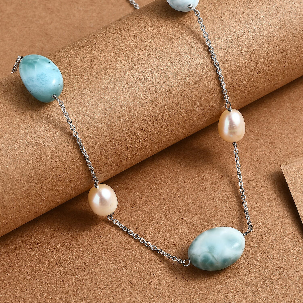 Larimar &amp; Fresh Water Pearl Necklace (Size - 24) with Lobster Clasp in Rhodium Overlay Sterling Silver 90.00 Ct. 8203347 3