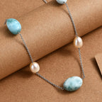 Larimar & Fresh Water Pearl Necklace (Size - 24) with Lobster Clasp in Rhodium Overlay Sterling Silver 90.00 Ct.