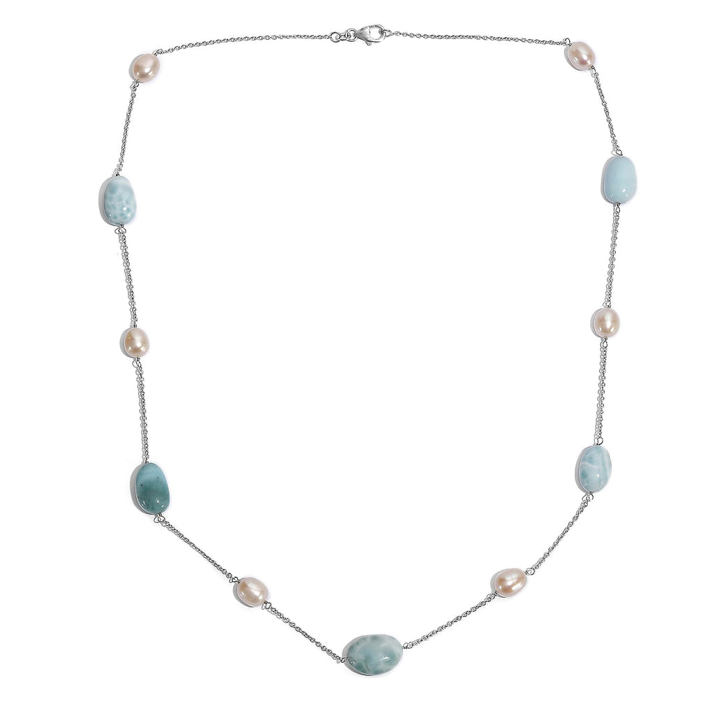 Larimar & Fresh Water Pearl Necklace (Size - 24) with Lobster Clasp in Rhodium Overlay Sterling Silver 90.00 Ct.