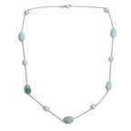 Larimar & Fresh Water Pearl Necklace (Size - 24) with Lobster Clasp in Rhodium Overlay Sterling Silver 90.00 Ct.