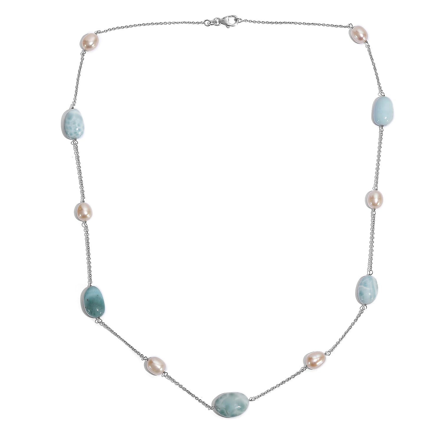Larimar &amp; Fresh Water Pearl Necklace (Size - 24) with Lobster Clasp in Rhodium Overlay Sterling Silver 90.00 Ct. 8203347 4