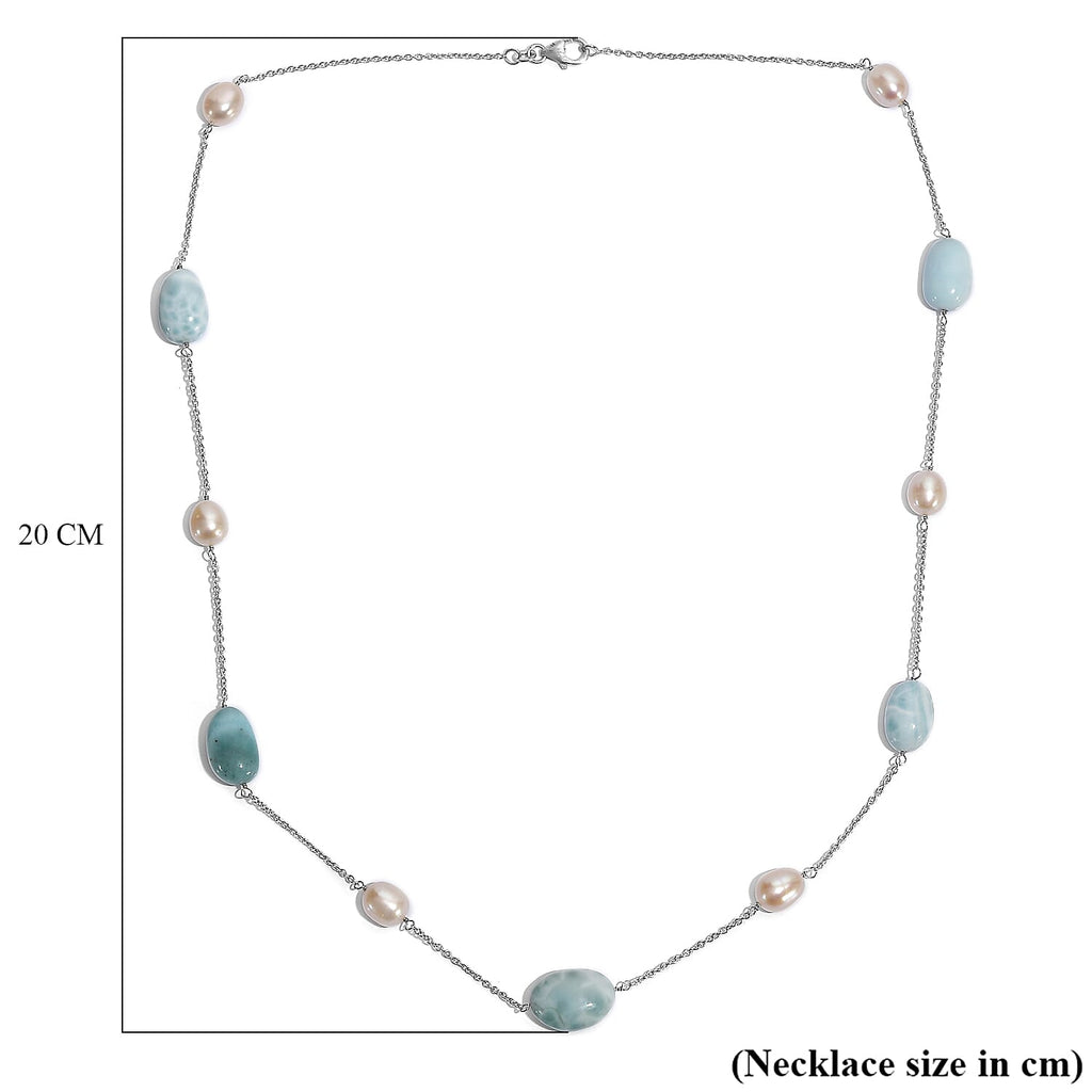Larimar & Fresh Water Pearl Necklace (Size - 24) with Lobster Clasp in Rhodium Overlay Sterling Silver 90.00 Ct.