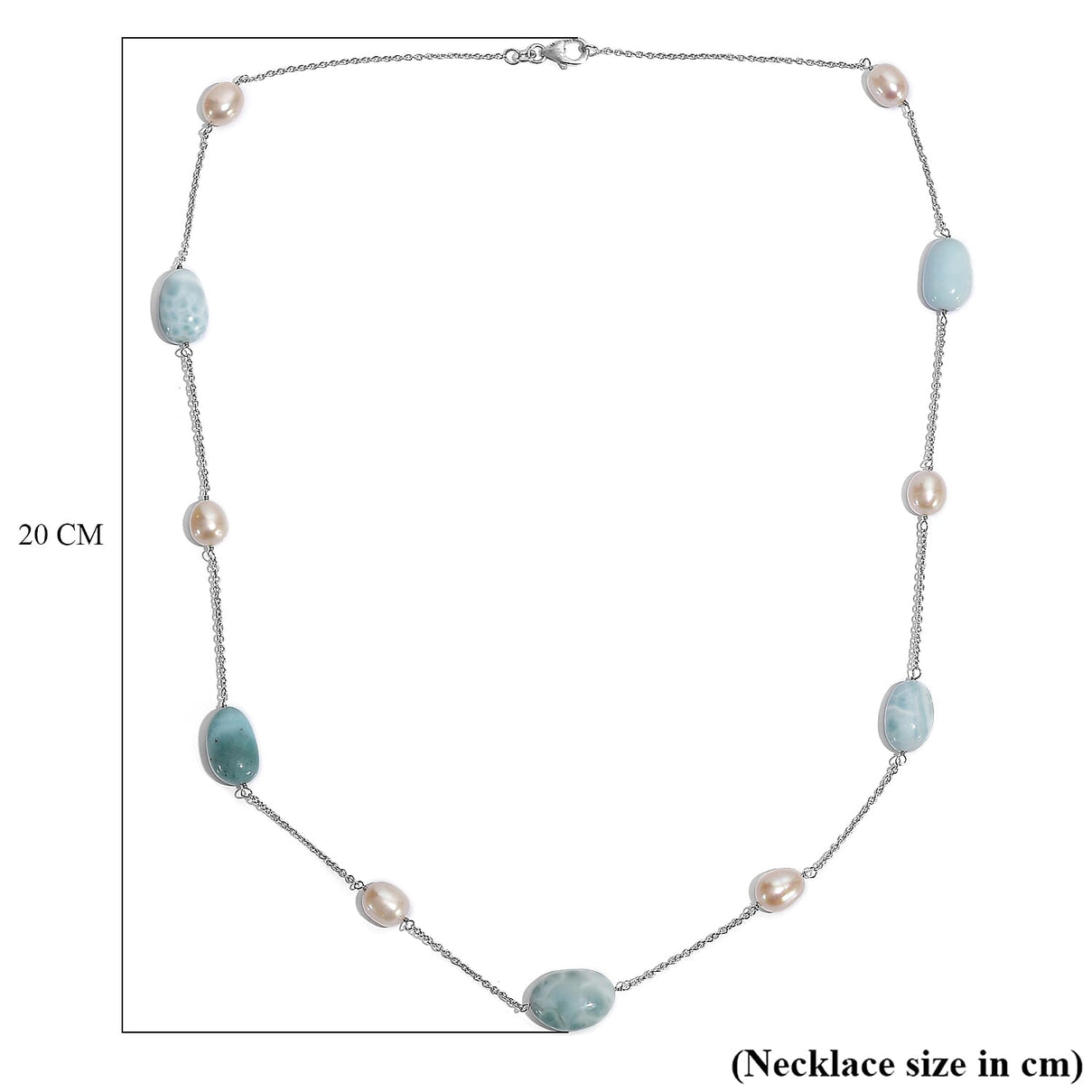 Larimar &amp; Fresh Water Pearl Necklace (Size - 24) with Lobster Clasp in Rhodium Overlay Sterling Silver 90.00 Ct. 8203347 6