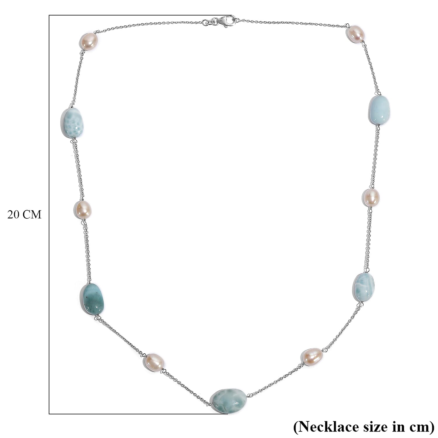 Larimar &amp; Fresh Water Pearl Necklace (Size - 24) with Lobster Clasp in Rhodium Overlay Sterling Silver 90.00 Ct. 8203347 6