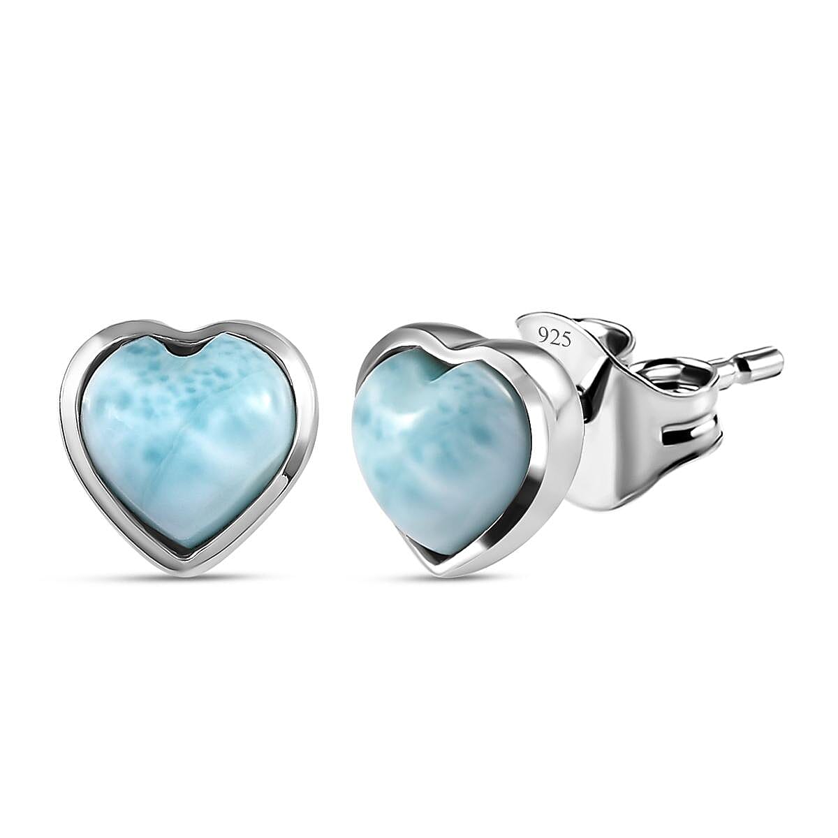 Larimar Heart Stud Earrings (With Push Back) in Platinum Overlay Sterling Silver 2.03 Ct. 7170429 0