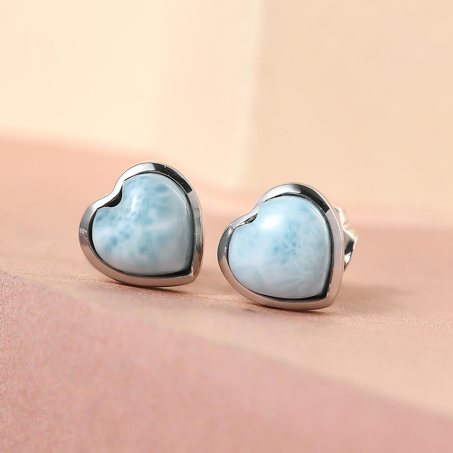 Larimar Heart Stud Earrings (With Push Back) in Platinum Overlay Sterling Silver 2.03 Ct. 7170429 2