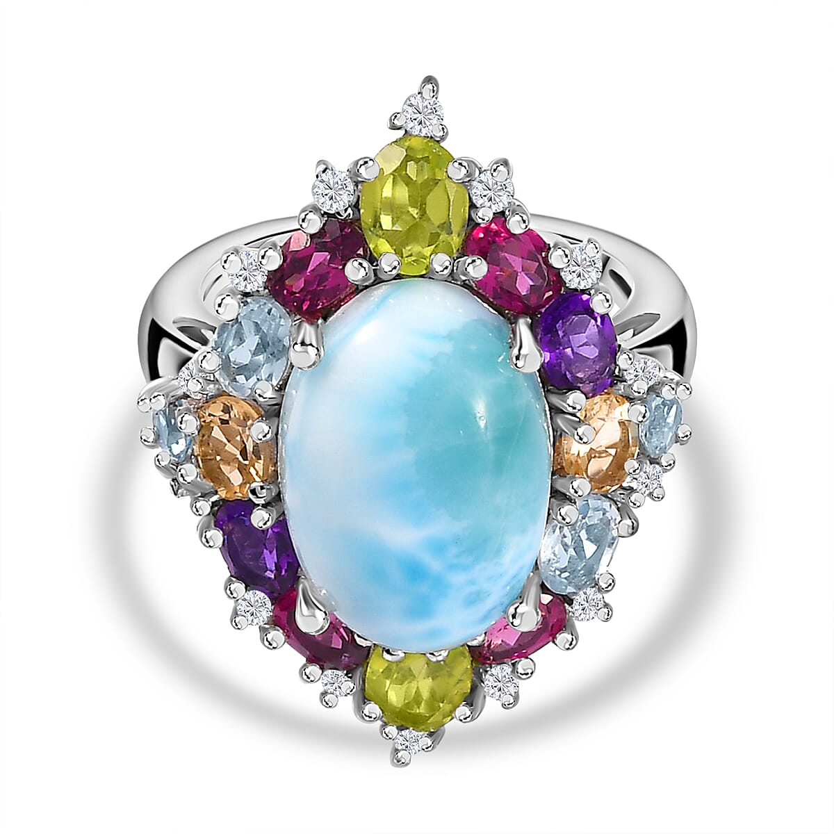 Larimar &amp; Multi Gemstone Ring in Platinum Overlay Sterling Silver 10.80 Ct. 7714543 0