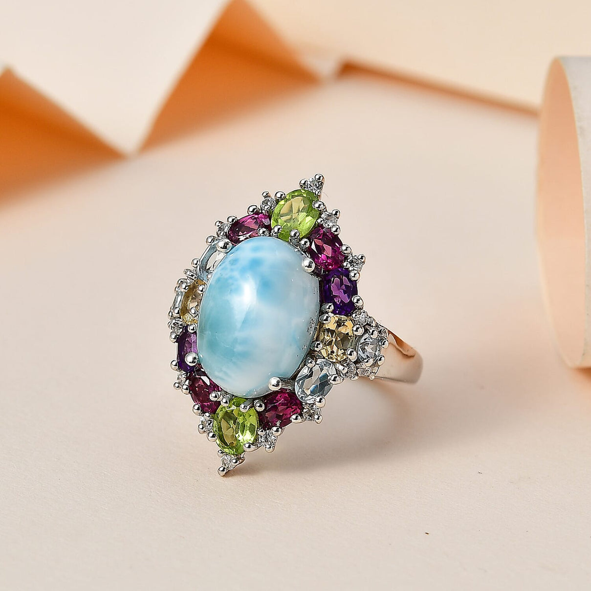 Larimar &amp; Multi Gemstone Ring in Platinum Overlay Sterling Silver 10.80 Ct. 7714543 1