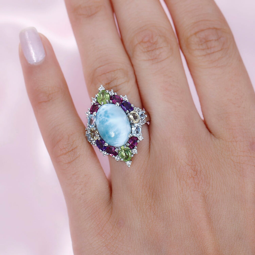 Larimar & Multi Gemstone Ring in Platinum Overlay Sterling Silver 10.80 Ct.