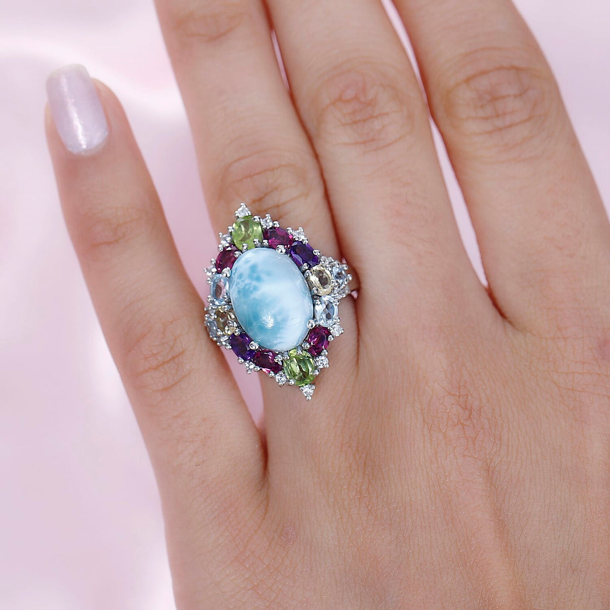 Larimar &amp; Multi Gemstone Ring in Platinum Overlay Sterling Silver 10.80 Ct. 7714543 2