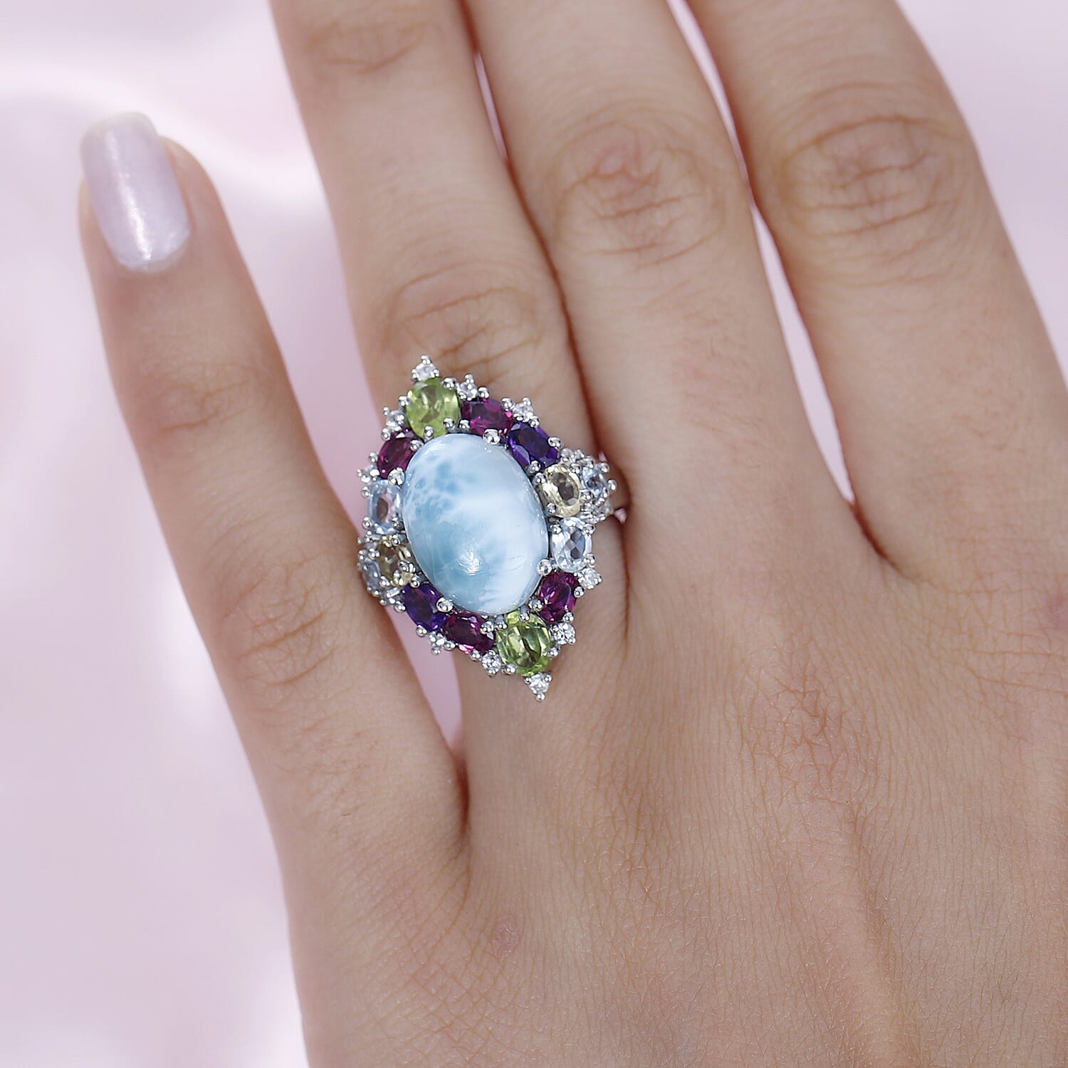 Larimar &amp; Multi Gemstone Ring in Platinum Overlay Sterling Silver 10.80 Ct. 7714543 2