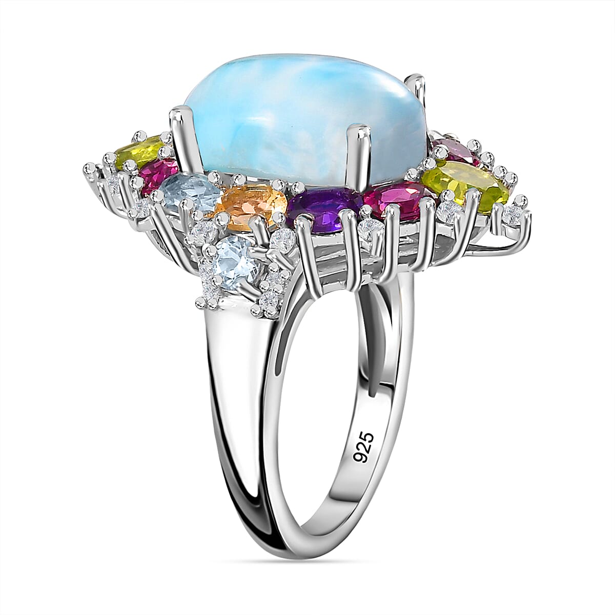 Larimar &amp; Multi Gemstone Ring in Platinum Overlay Sterling Silver 10.80 Ct. 7714543 3