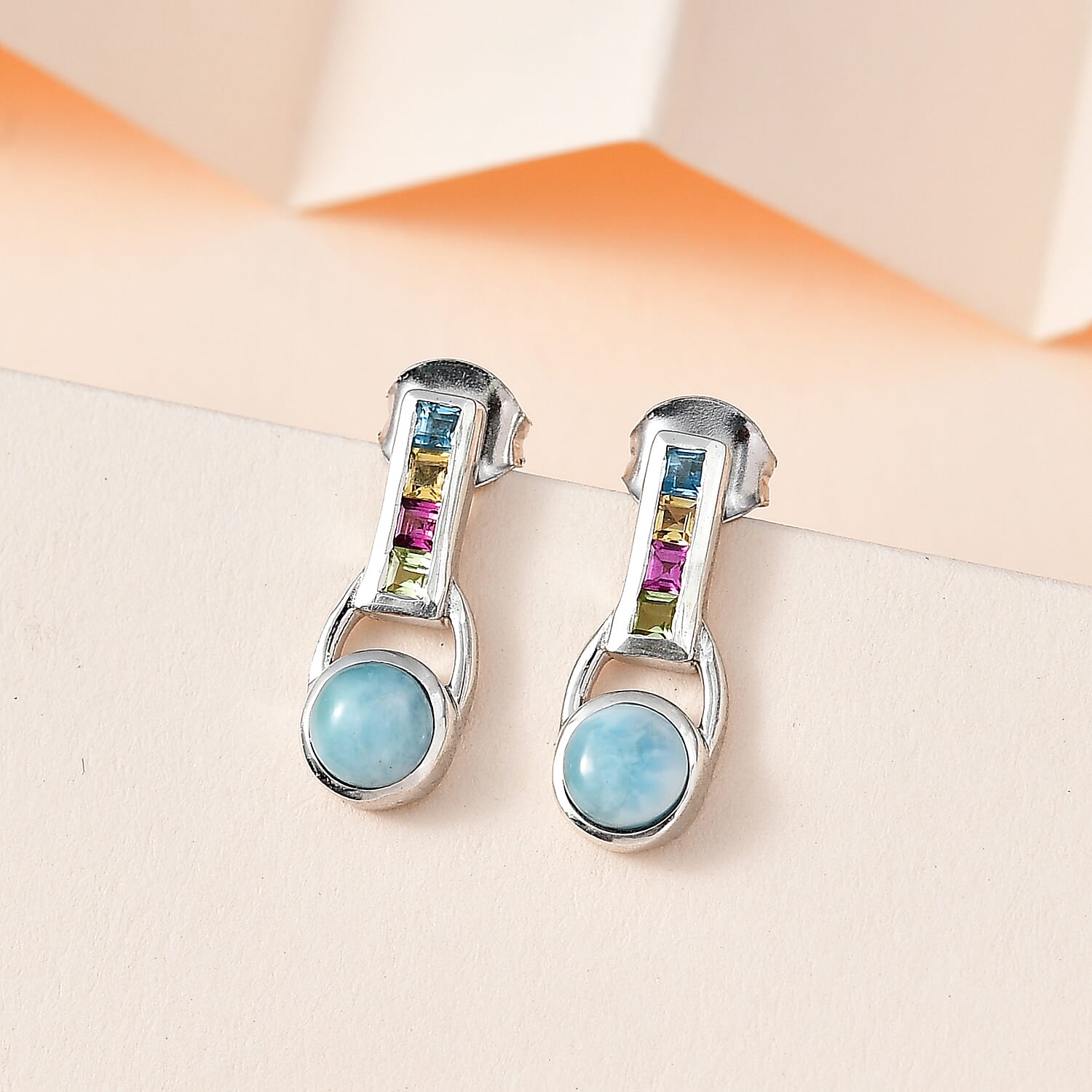 Larimar and Multi gemstone Earrings in Platinum Overlay Sterling Silver 2.00 Ct 7713171 2