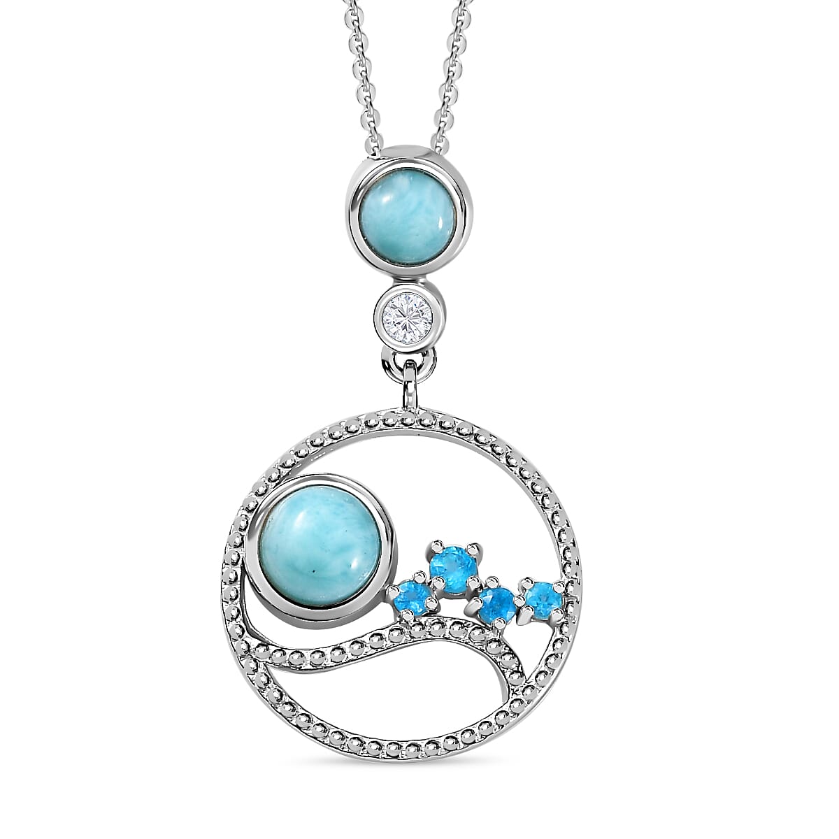 Larimar, Neon Apatite &amp; Natural Zircon Pendant with Chain (Size 20) in Platinum Overlay Sterling Silver 1.23 Ct. 4249362 0