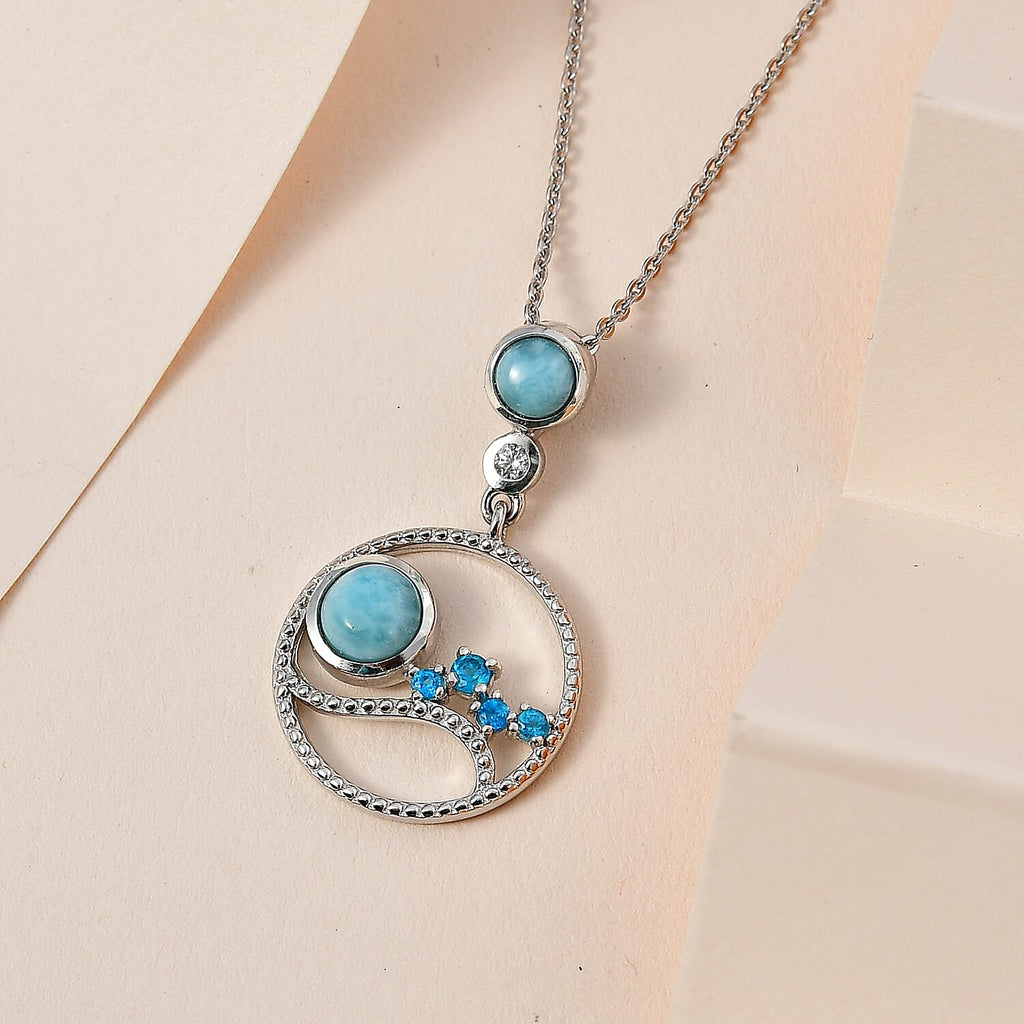 Larimar, Neon Apatite & Natural Zircon Pendant with Chain (Size 20) in Platinum Overlay Sterling Silver 1.23 Ct.