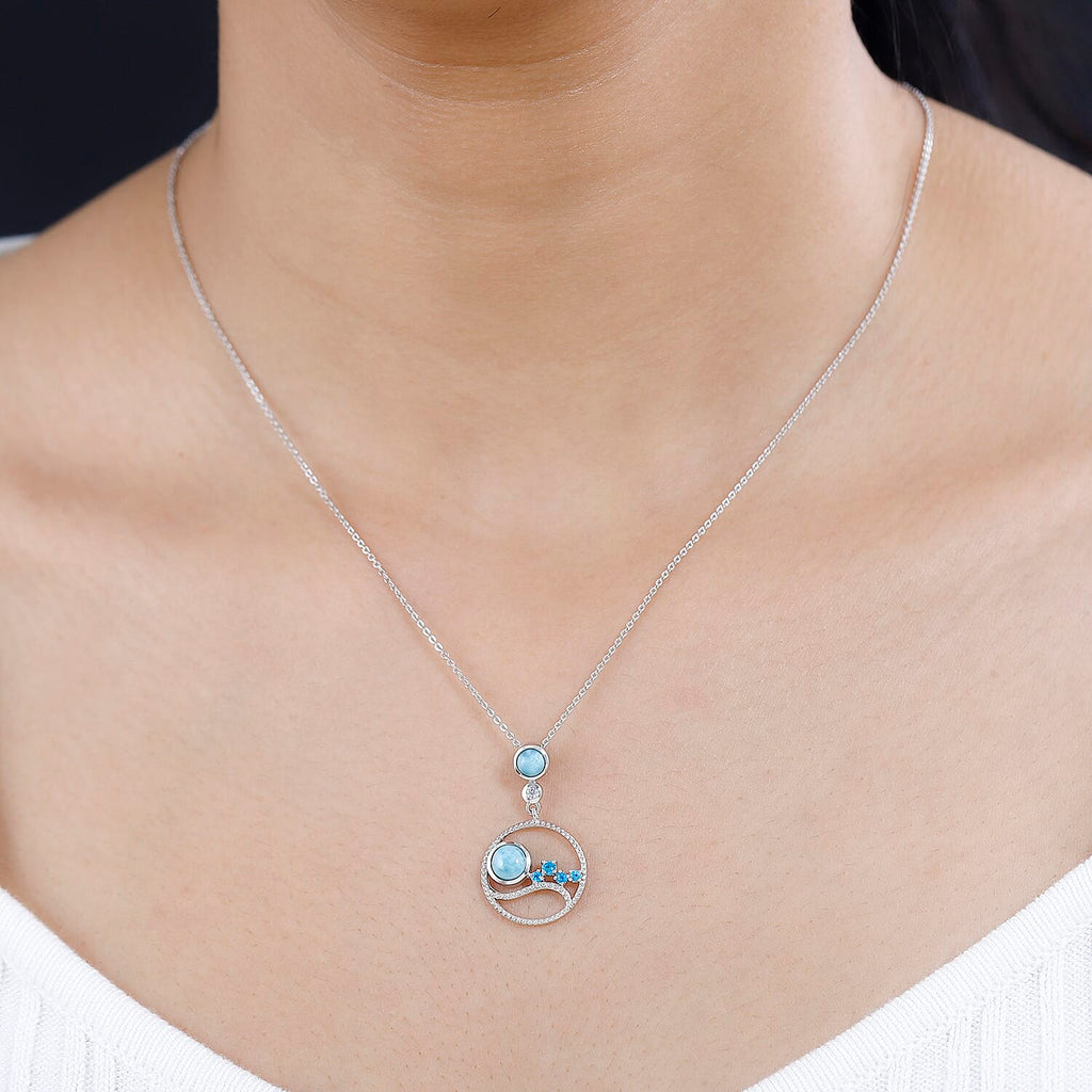 Larimar, Neon Apatite & Natural Zircon Pendant with Chain (Size 20) in Platinum Overlay Sterling Silver 1.23 Ct.