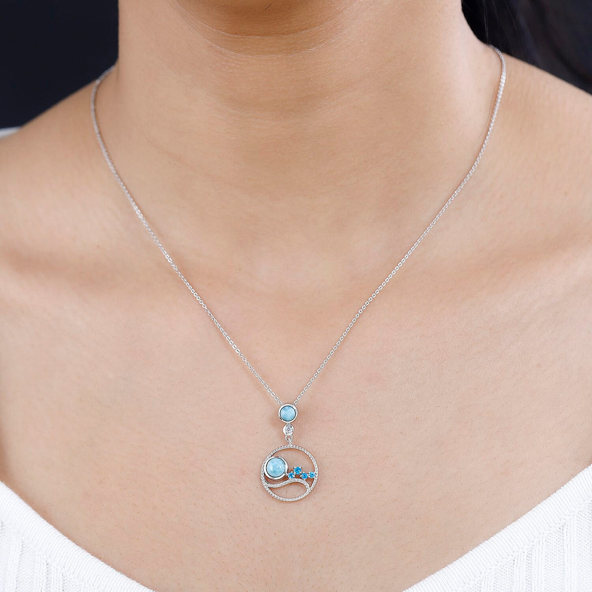 Larimar, Neon Apatite &amp; Natural Zircon Pendant with Chain (Size 20) in Platinum Overlay Sterling Silver 1.23 Ct. 4249362 3