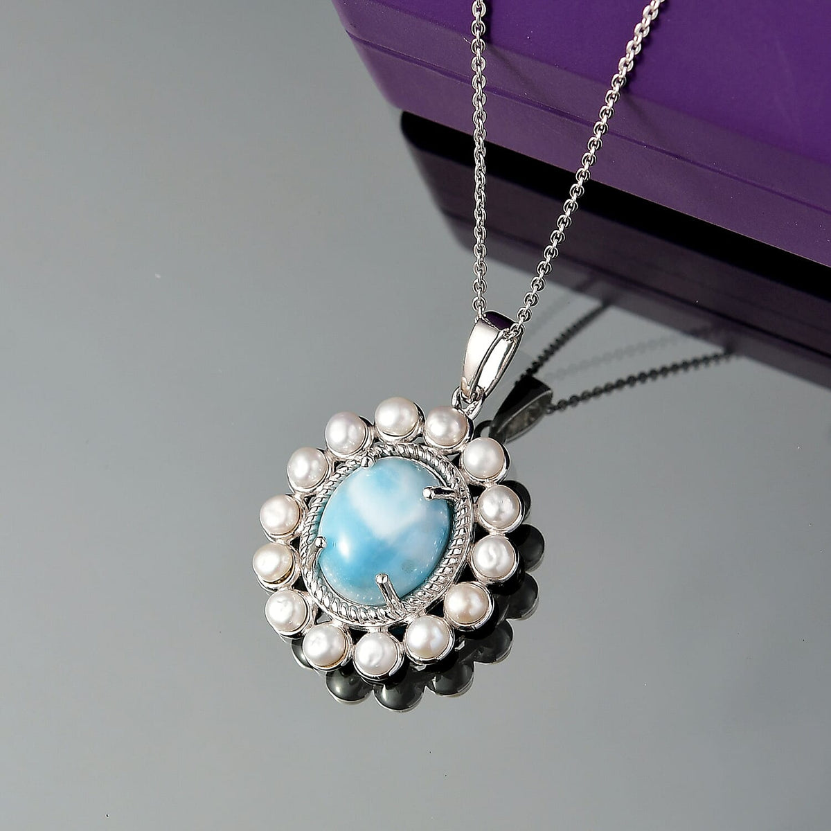 D'joy Larimar &amp; Pearl Whispers of the Deep Pendant with Chain (Size 20) in Rhodium Overlay Sterling Silver 10.68 Ct. 4398493 2