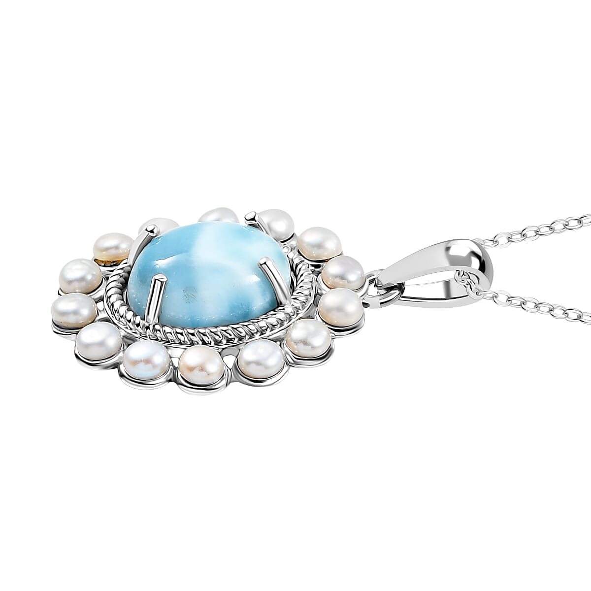 D'joy Larimar &amp; Pearl Whispers of the Deep Pendant with Chain (Size 20) in Rhodium Overlay Sterling Silver 10.68 Ct. 4398493 3