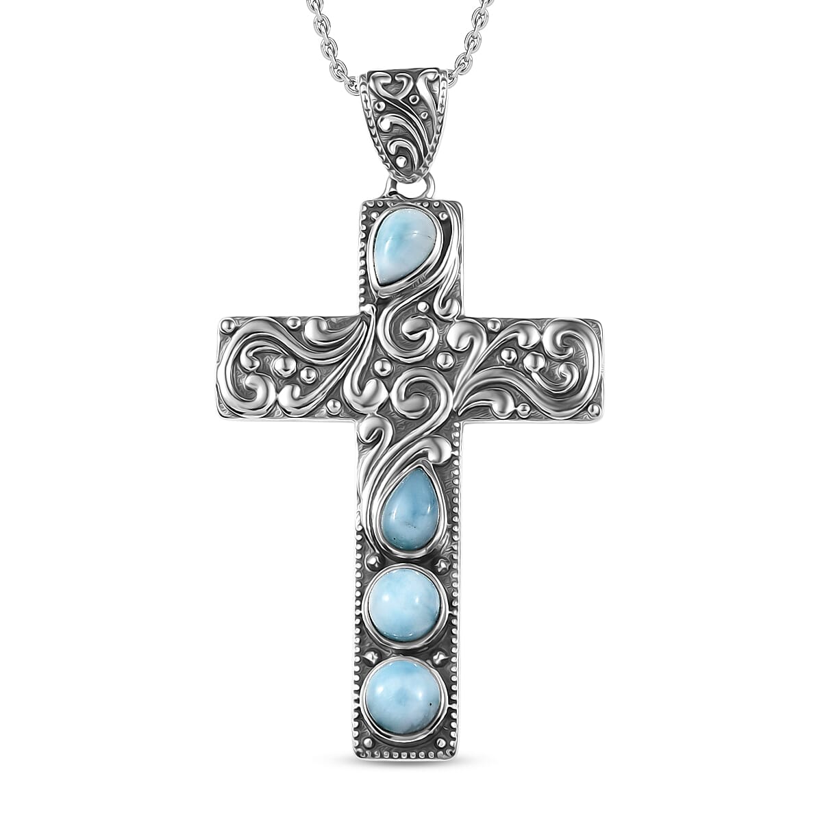 D'Joy  Larimar Cross Pendant with Cable Chain (Size 20) in Black Oxidised Sterling Silver 2.24 Ct. 4425772 0