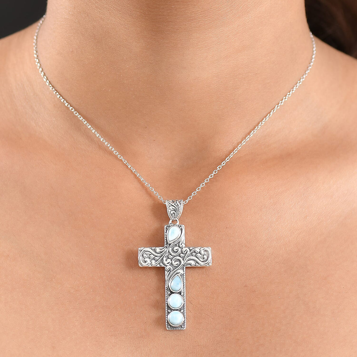D'Joy  Larimar Cross Pendant with Cable Chain (Size 20) in Black Oxidised Sterling Silver 2.24 Ct. 4425772 2