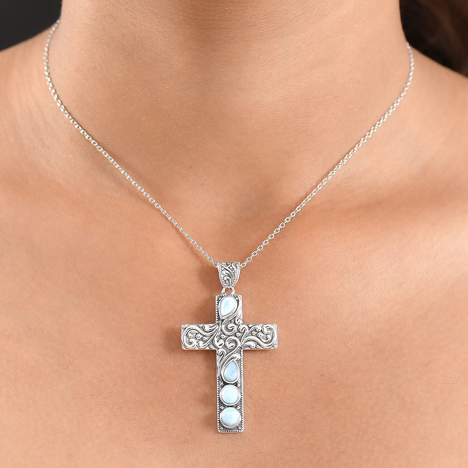 D'Joy  Larimar Cross Pendant with Cable Chain (Size 20) in Black Oxidised Sterling Silver 2.24 Ct. 4425772 2