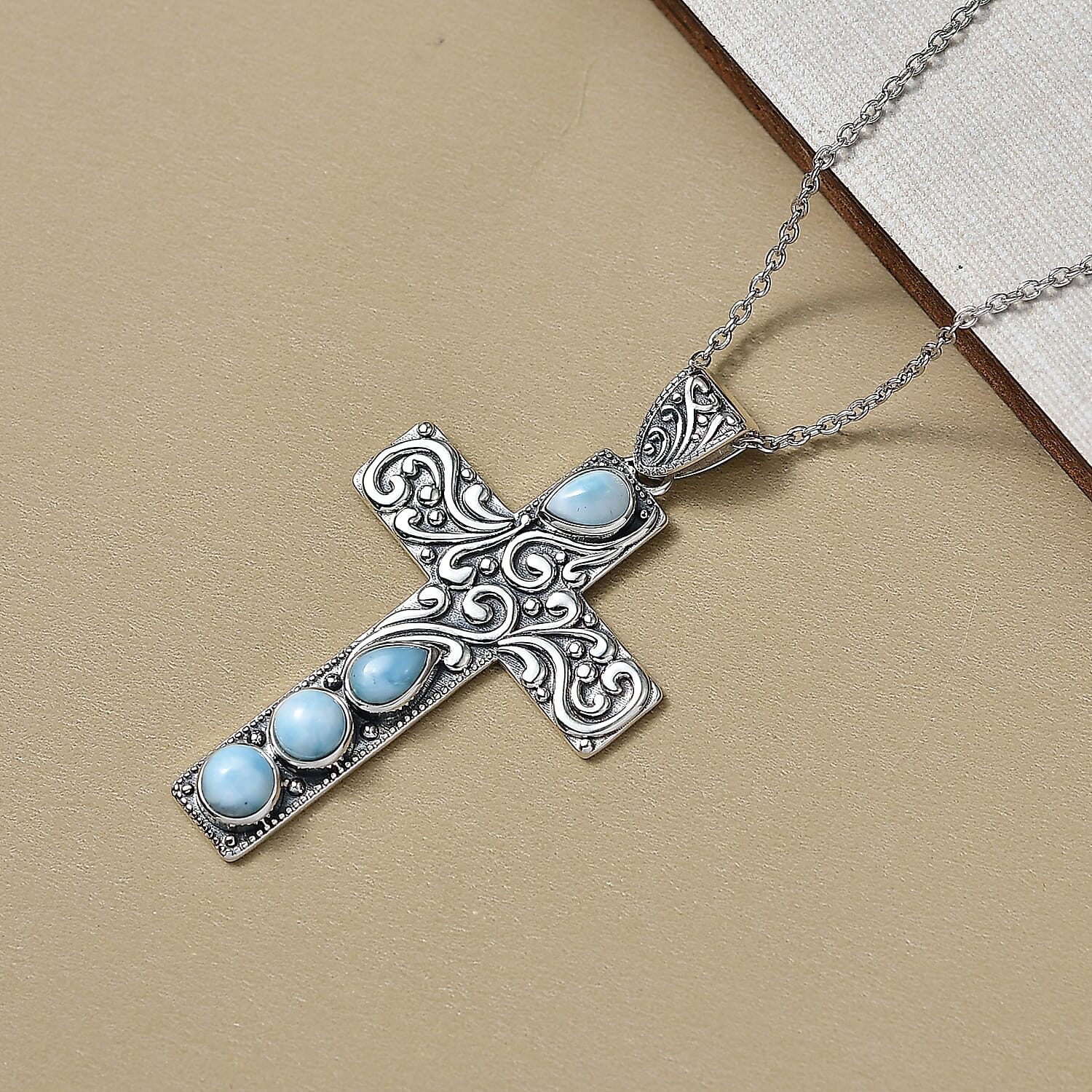 D'Joy  Larimar Cross Pendant with Cable Chain (Size 20) in Black Oxidised Sterling Silver 2.24 Ct. 4425772 3