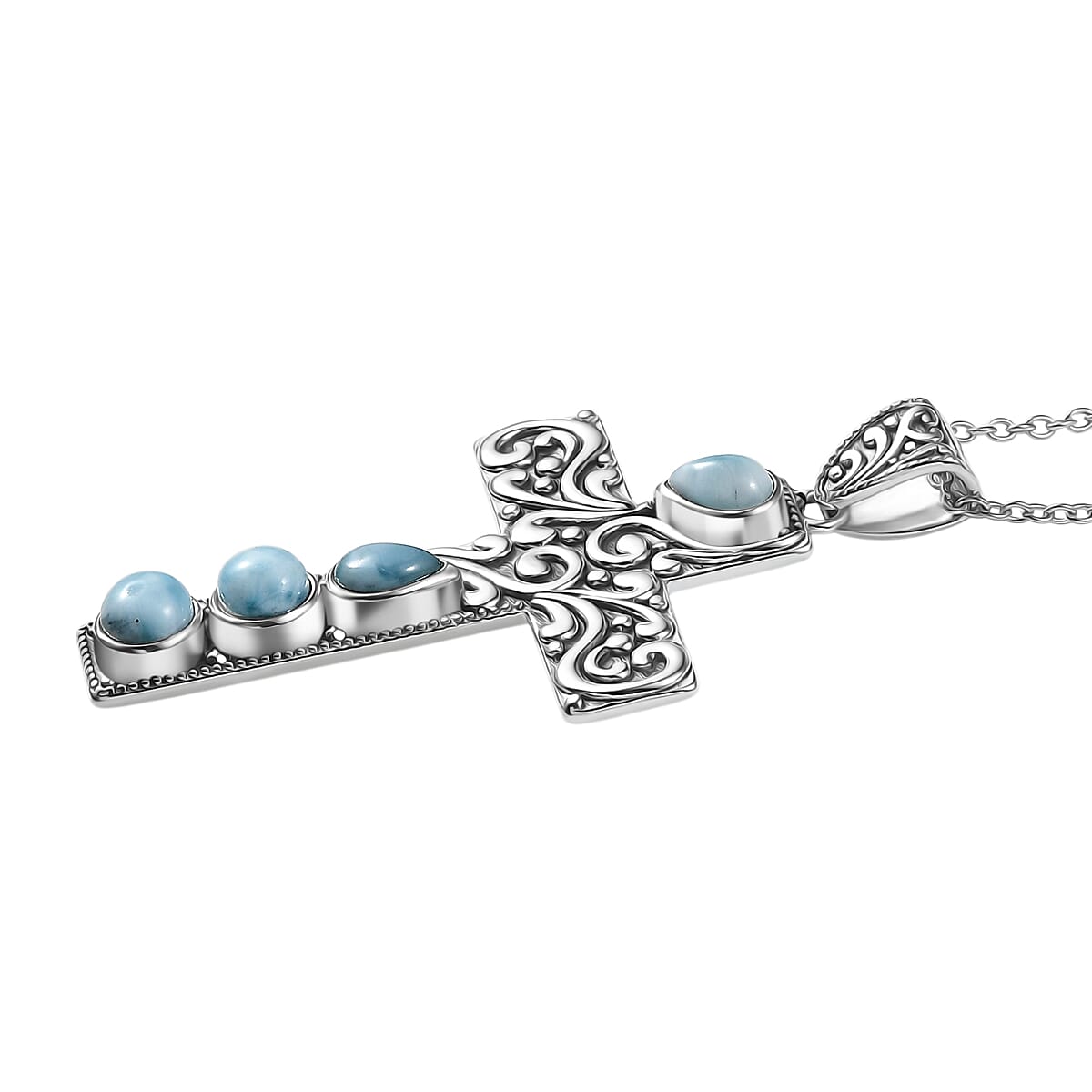 D'Joy  Larimar Cross Pendant with Cable Chain (Size 20) in Black Oxidised Sterling Silver 2.24 Ct. 4425772 4