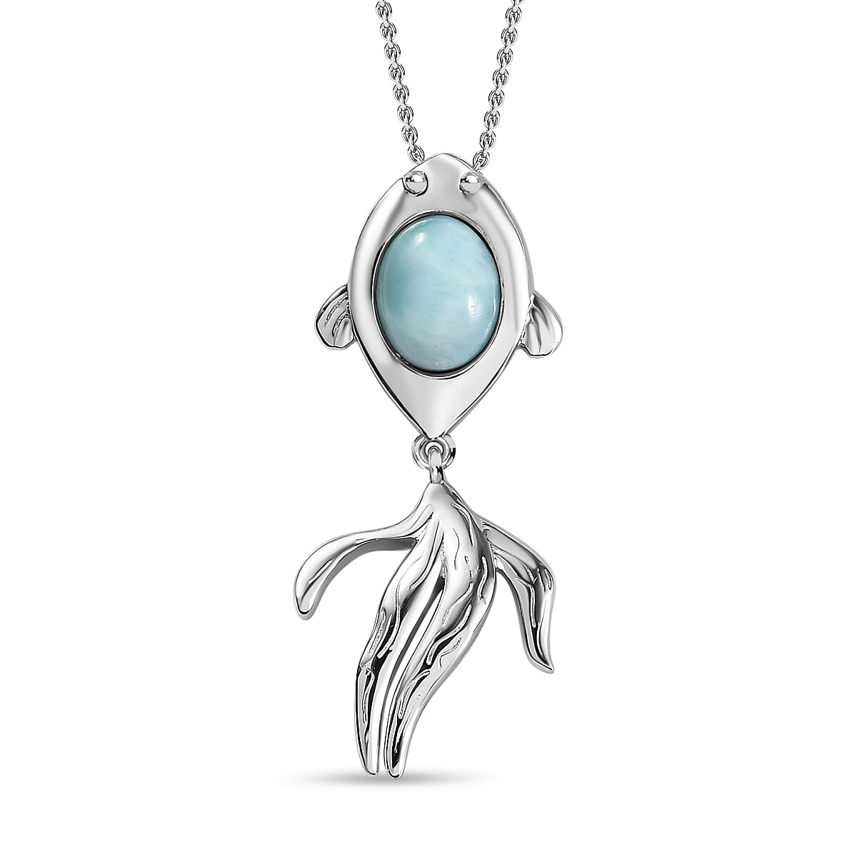 Larimar Solitaire Fish Pendant with Chain (Size 20) in Platinum Overlay Sterling Silver 2.15 Ct. 4198173 0