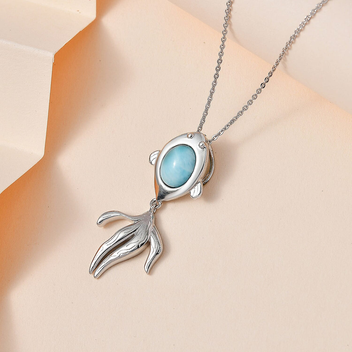 Larimar Solitaire Fish Pendant with Chain (Size 20) in Platinum Overlay Sterling Silver 2.15 Ct. 4198173 3