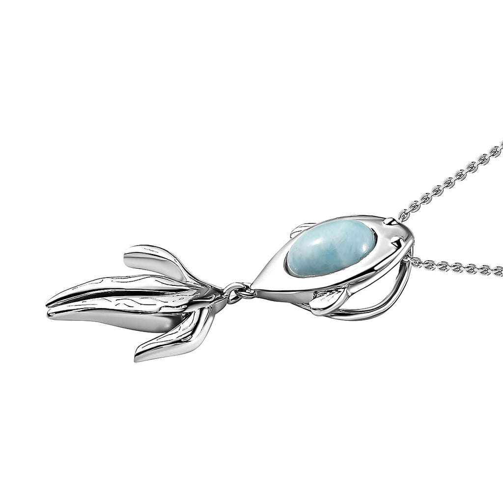 Larimar Solitaire Fish Pendant with Chain (Size 20) in Platinum Overlay Sterling Silver 2.15 Ct.