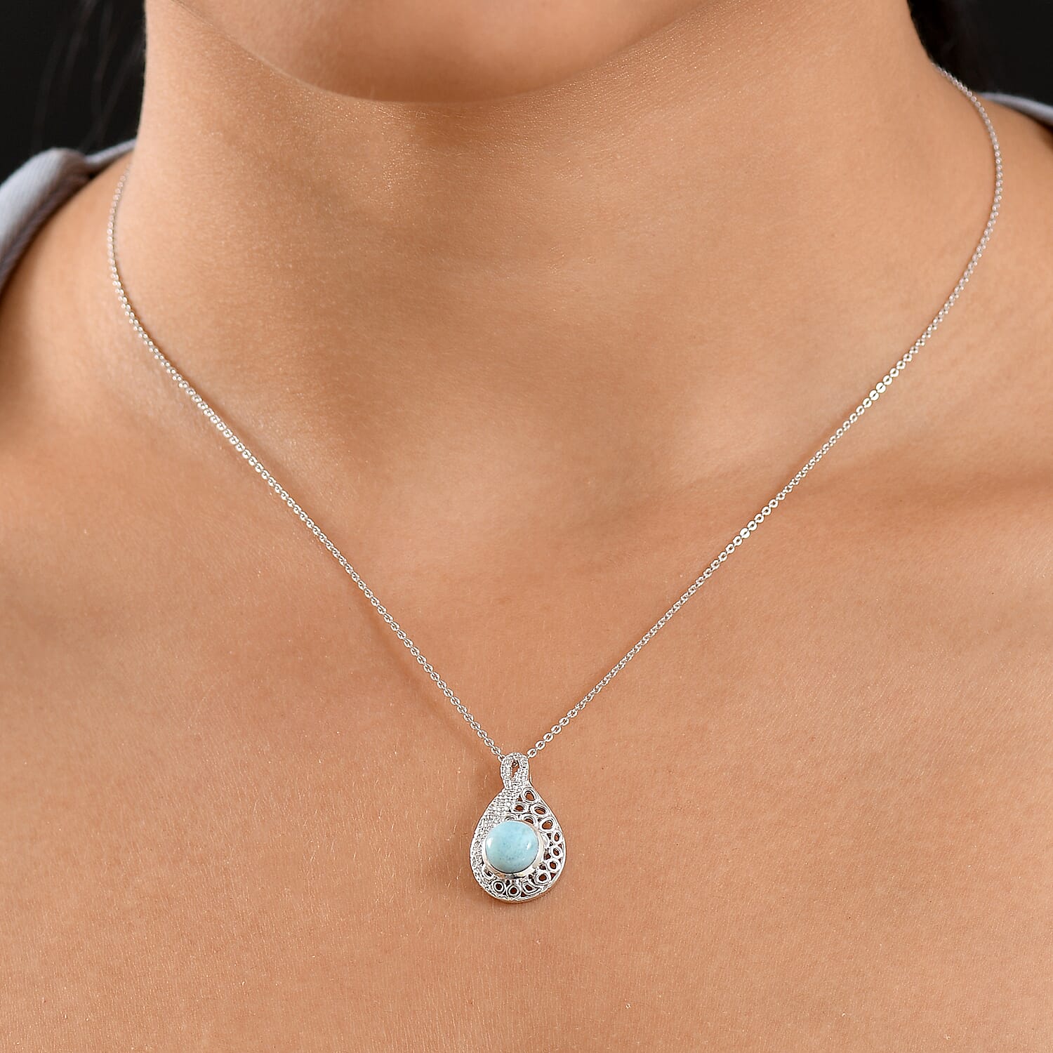 Larimar Water Ripple Pendant with Chain (Size 20) in Rhodium Overlay Sterling Silver 1.72 Ct. 4398433 2