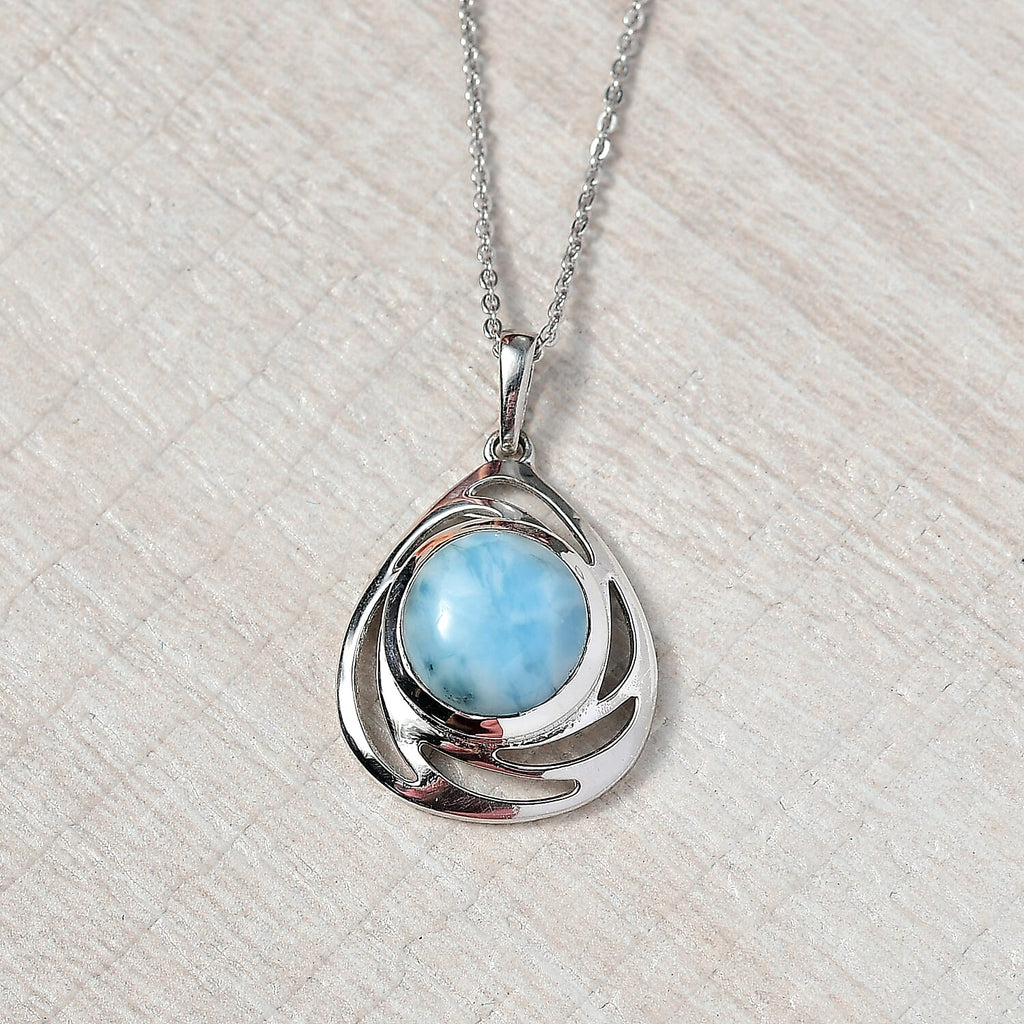 D'joy Larimar Oceanic Whirl Pendant with Chain (Size 20) in Rhodium Overlay Sterling Silver 4.63 Ct.