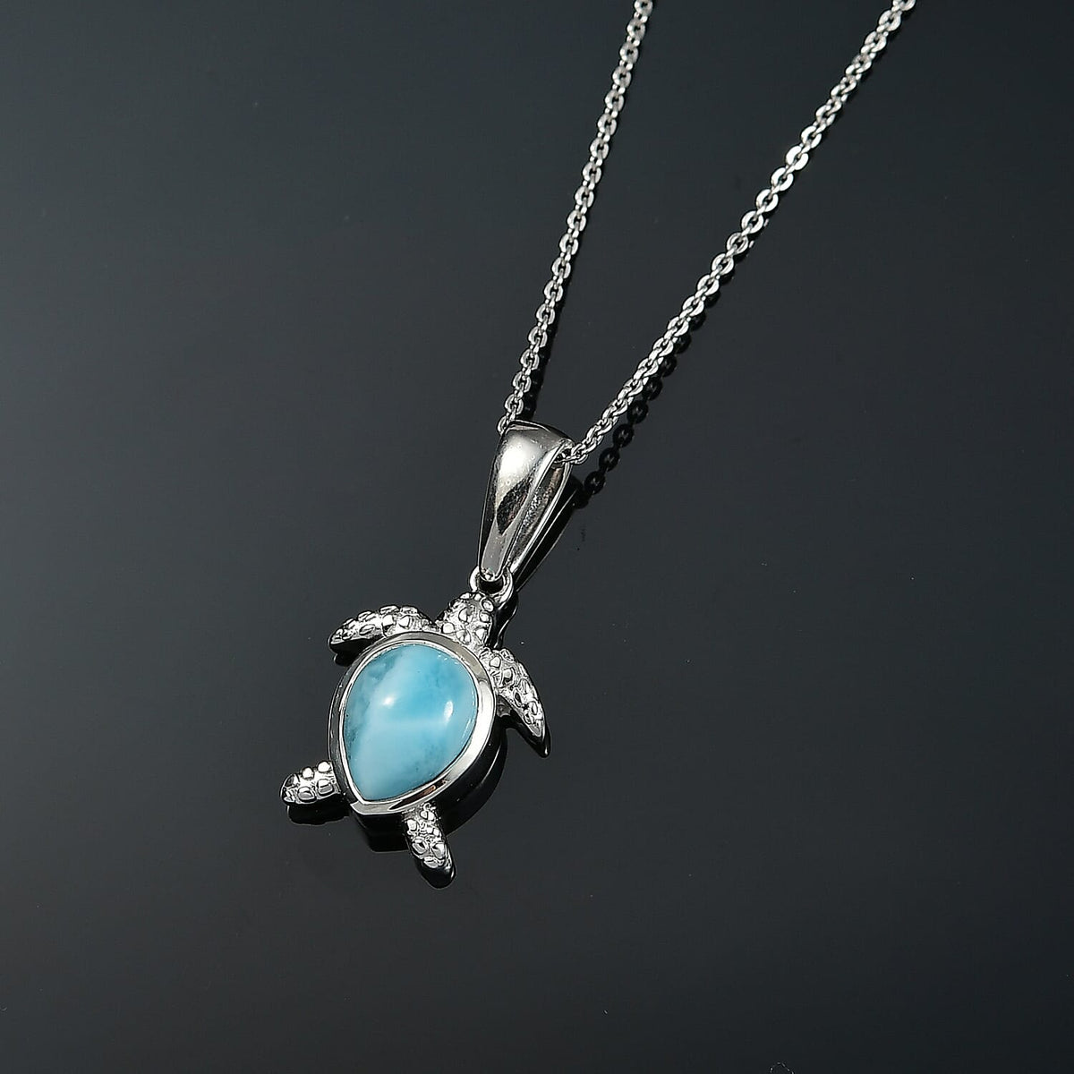 Larimar Turtle Pendant with Chain (Size 20) in Rhodium Overlay Sterling Silver 2.14 Ct, Silver Wt. 5.25 Gms. 4398539 2