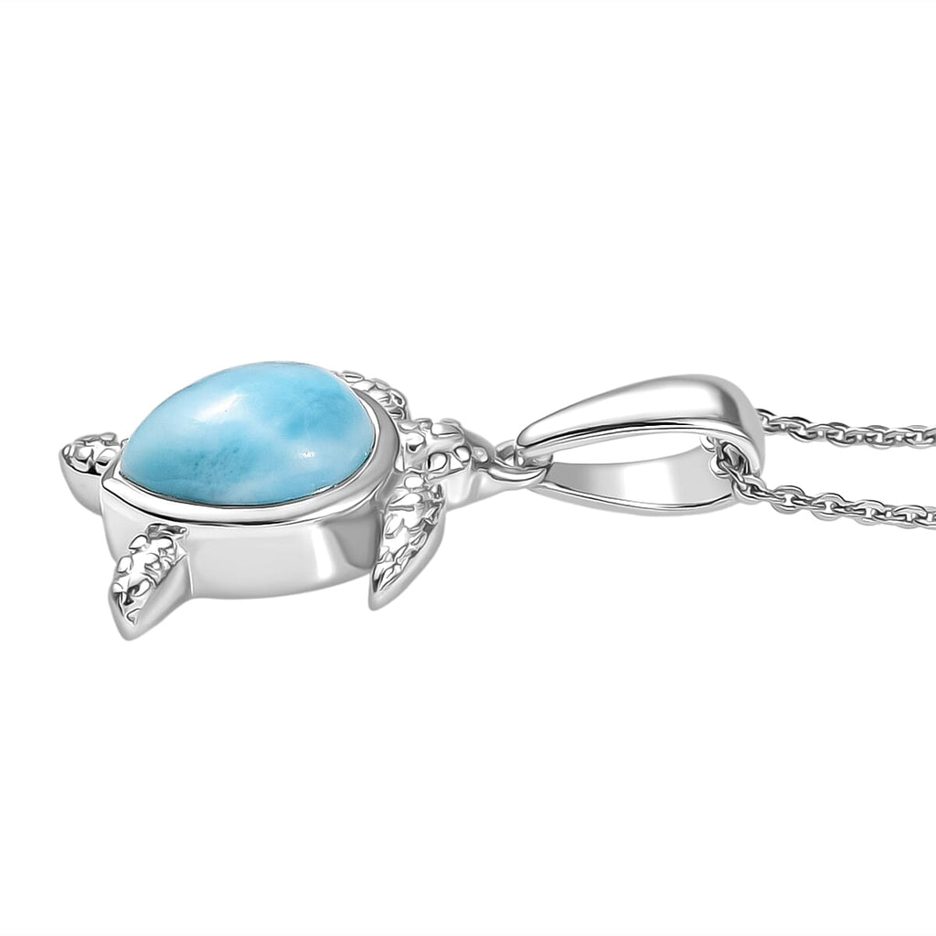 Larimar Turtle Pendant with Chain (Size 20) in Rhodium Overlay Sterling Silver 2.14 Ct, Silver Wt. 5.25 Gms.
