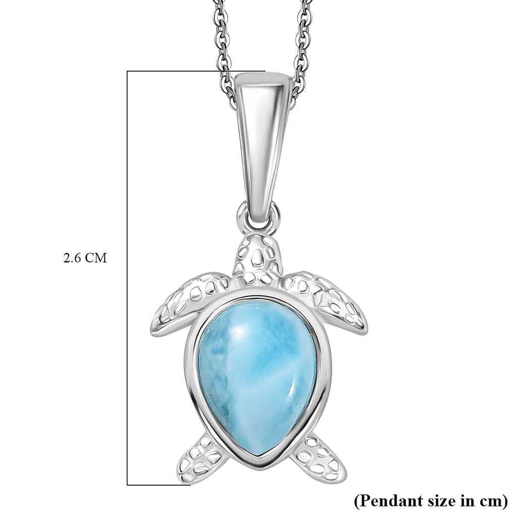 Larimar Turtle Pendant with Chain (Size 20) in Rhodium Overlay Sterling Silver 2.14 Ct, Silver Wt. 5.25 Gms.