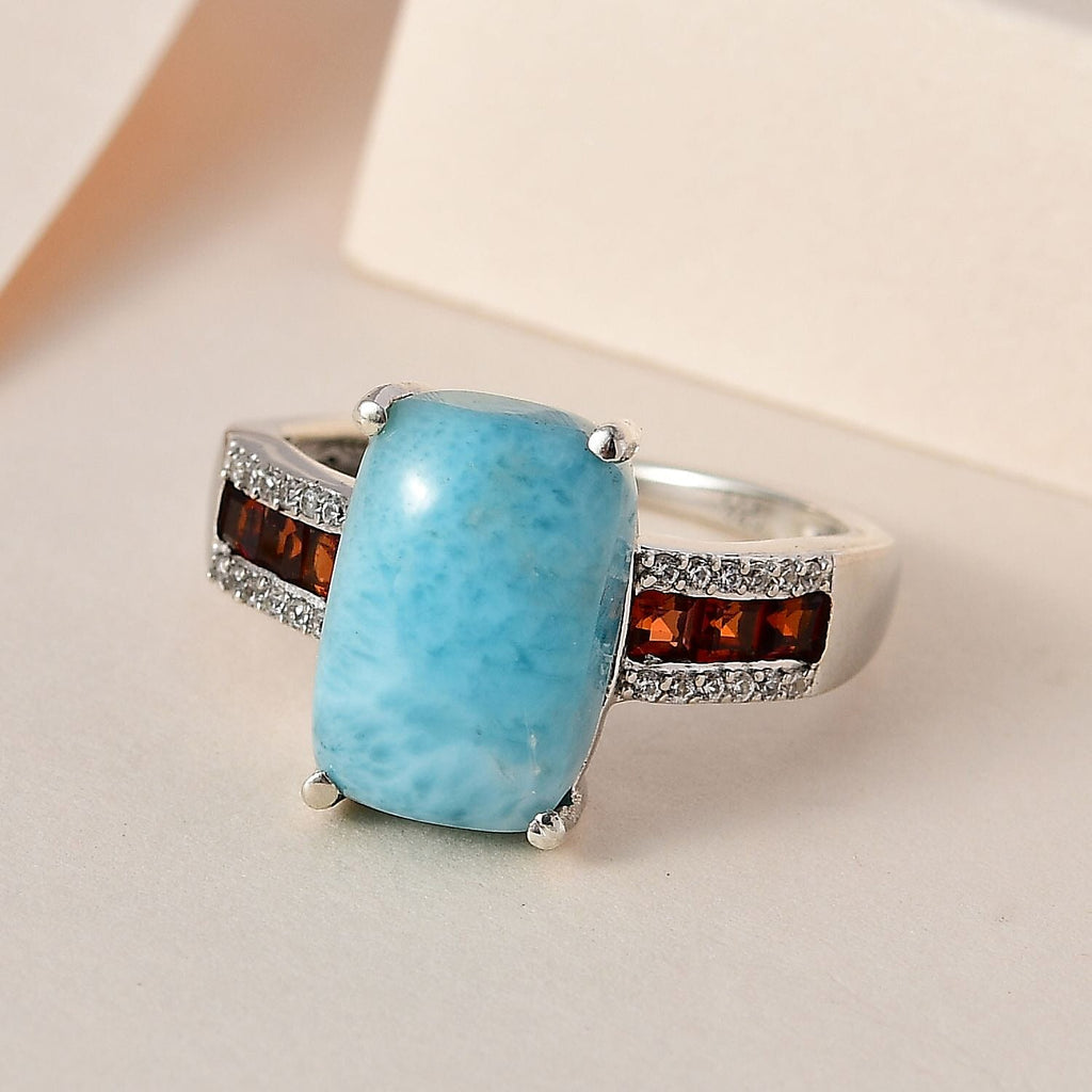 Larimar, Red Garnet and Natural Zircon Ring in Platinum Overlay Sterling Silver 5.23 Ct.