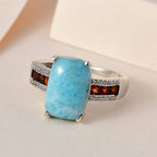 Larimar, Red Garnet and Natural Zircon Ring in Platinum Overlay Sterling Silver 5.23 Ct.