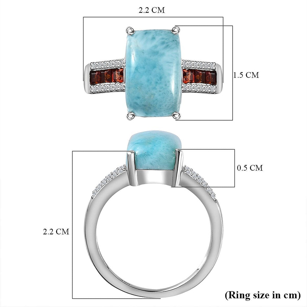 Larimar, Red Garnet and Natural Zircon Ring in Platinum Overlay Sterling Silver 5.23 Ct.