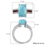Larimar, Red Garnet and Natural Zircon Ring in Platinum Overlay Sterling Silver 5.23 Ct.