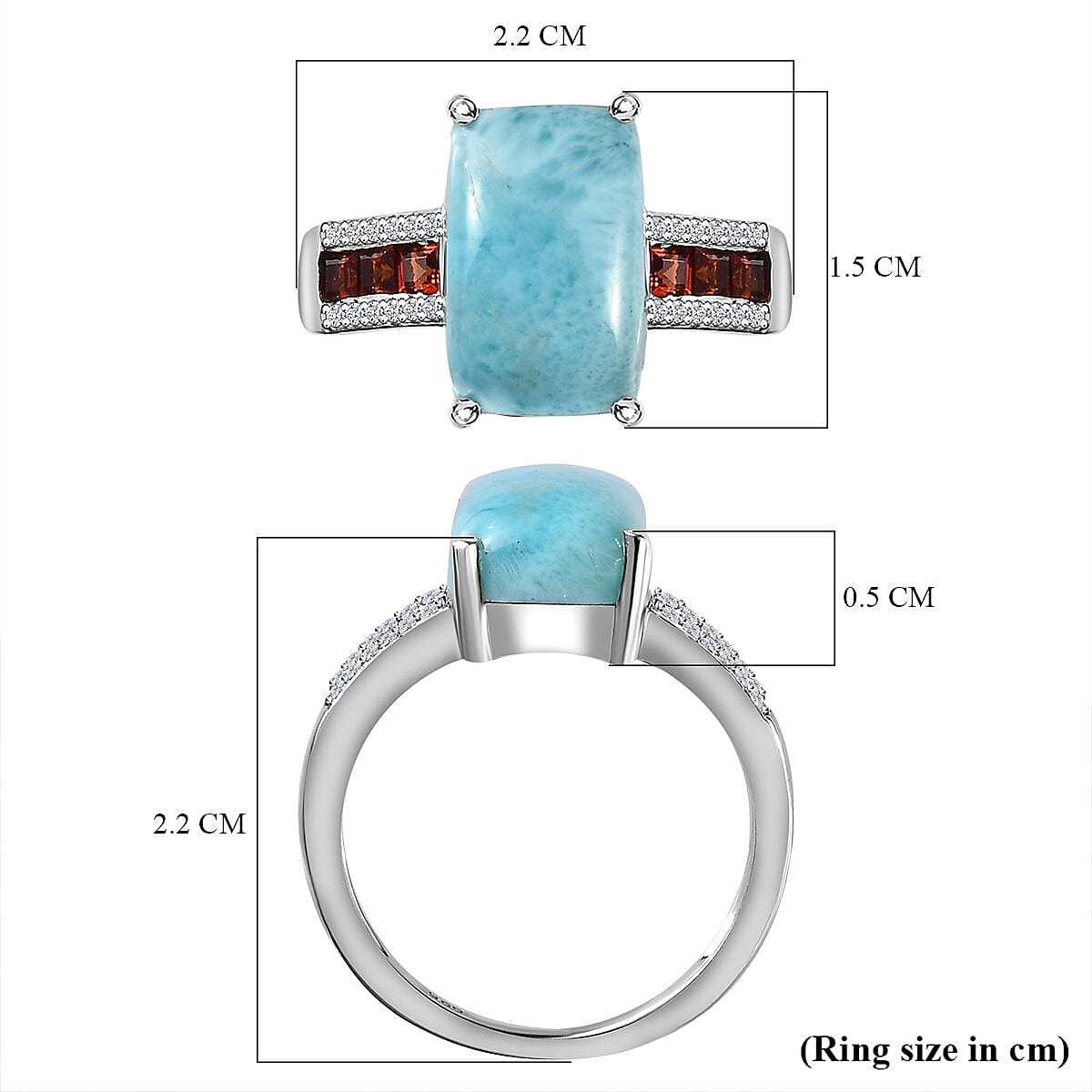 Larimar, Red Garnet and Natural Zircon Ring in Platinum Overlay Sterling Silver 5.23 Ct. 7601805 5