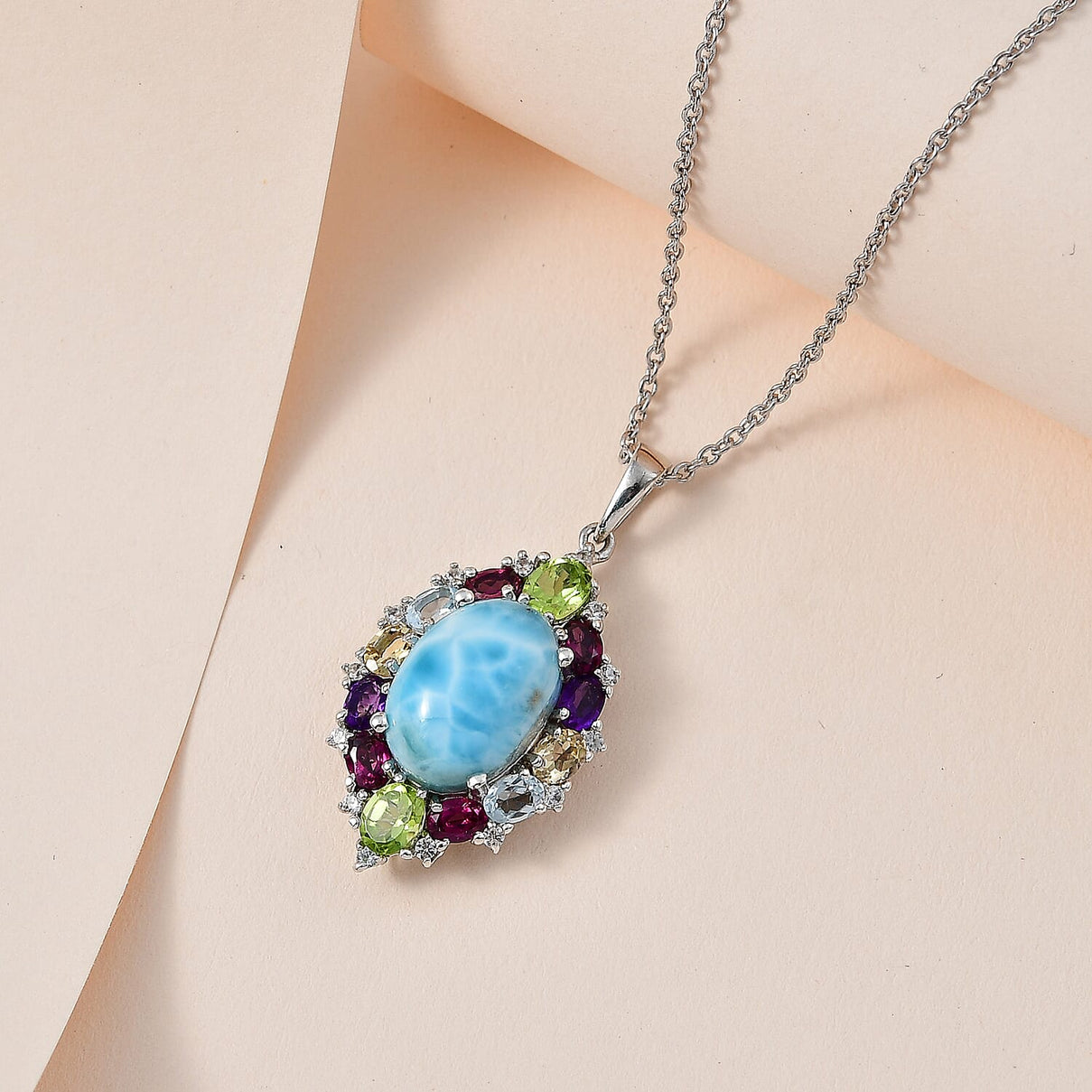 Larimar &amp; Multigemstone Pendant with Chain (Size 20) in Platinum Overlay Sterling Silver 10.40 Ct 4249996 2