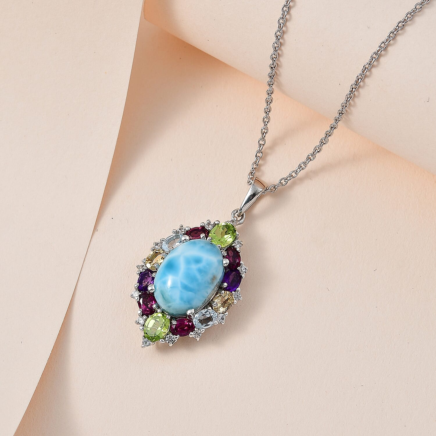 Larimar &amp; Multigemstone Pendant with Chain (Size 20) in Platinum Overlay Sterling Silver 10.40 Ct 4249996 2