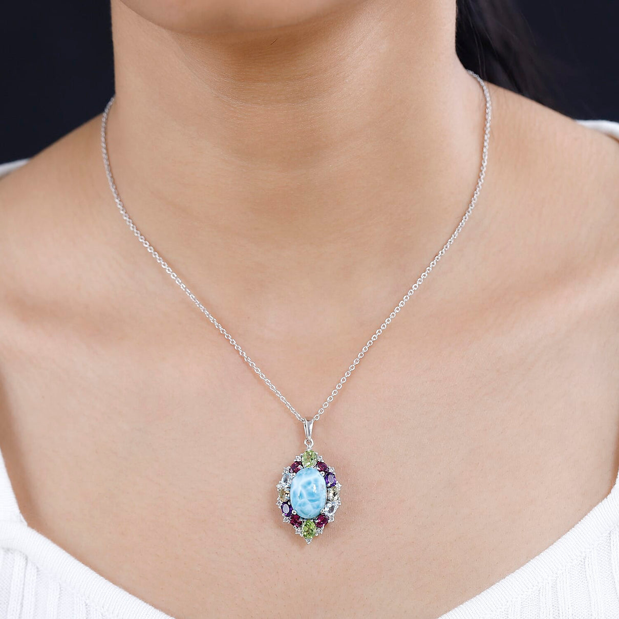 Larimar &amp; Multigemstone Pendant with Chain (Size 20) in Platinum Overlay Sterling Silver 10.40 Ct 4249996 3