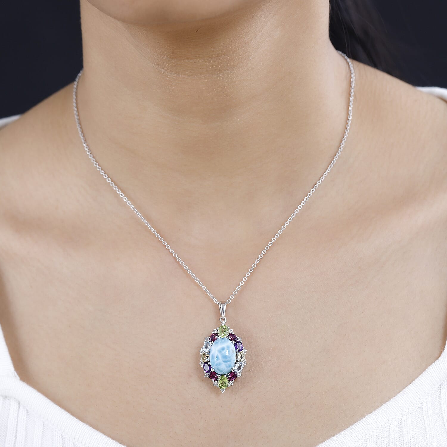 Larimar &amp; Multigemstone Pendant with Chain (Size 20) in Platinum Overlay Sterling Silver 10.40 Ct 4249996 3