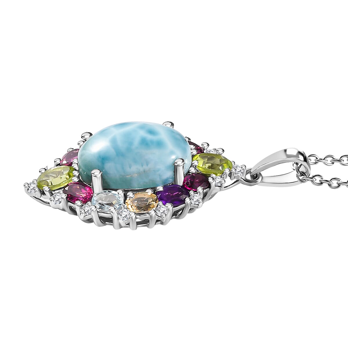 Larimar &amp; Multigemstone Pendant with Chain (Size 20) in Platinum Overlay Sterling Silver 10.40 Ct 4249996 4